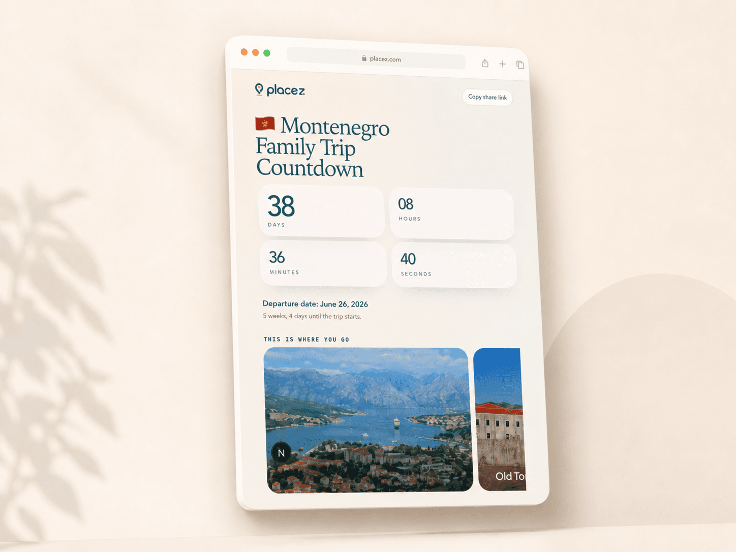 Example trip countdown page preview